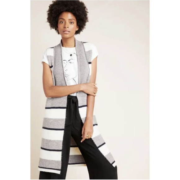 ANTHROPOLOGIE Pencey Long Stripe Open Vest in Grey White Navy - Picture 2 of 12